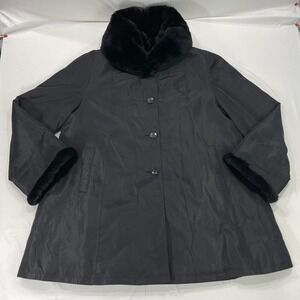Chosen Couture Fur Lined Swing Coat Womens XL Black Rabbit Fur Trim Button Front